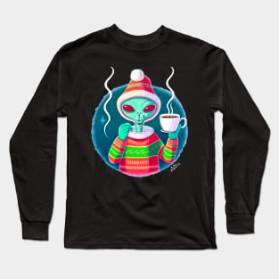 Christmas Funny Alien Drinking Coffee Wearing Sweater Long Sleeve T-Shirt